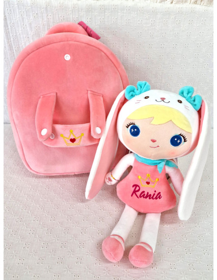 Ghiozdan personalizat fetita Iepuras Papusim cu papusica detasabila