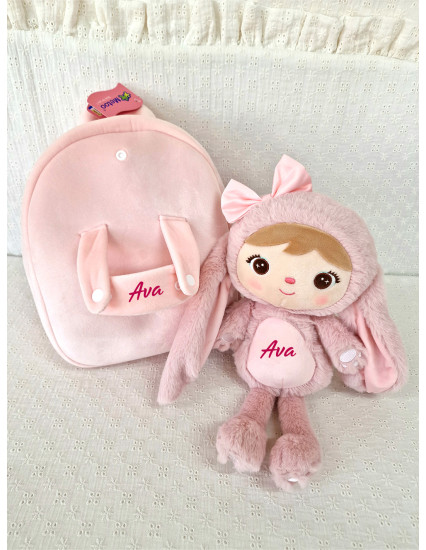 Ghiozdan personalizat fetita Iepuras blanos Roz cu papusica detasabila