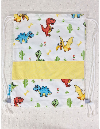 Saculet gradinita personalizat cu nume din Bumbac 40cm x 30cm, dinozauri cu galben