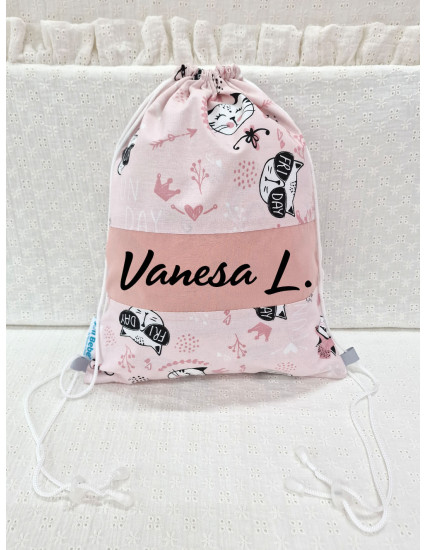 Saculet gradinita personalizat cu nume din Bumbac 40cm x 30cm, pisicuta