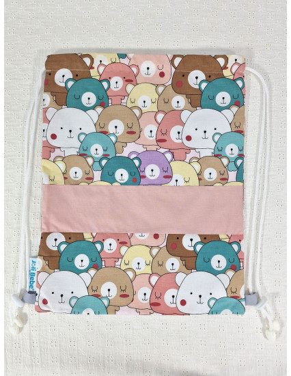 Saculet gradinita personalizat cu nume din Bumbac 40cm x 30cm, ursuleti cu roz