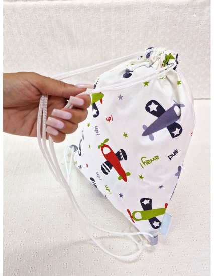 Saculet gradinita personalizat cu nume din Bumbac 40cm x 30cm, avioane