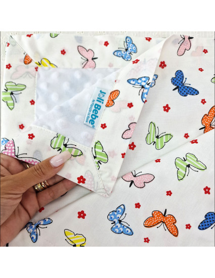 Paturica personalizata cu 2 fete din plus minky si bumbac, 100x100 cm, fluturi cu alb