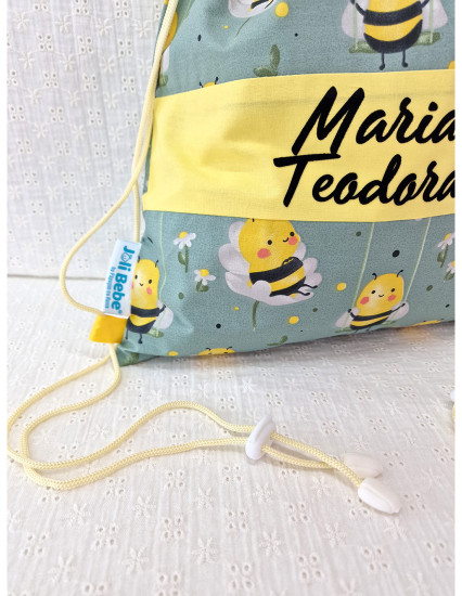 Saculet gradinita personalizat cu nume din Bumbac 40cm x 30cm, albinute
