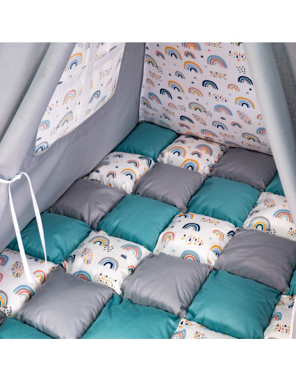 Cort de joaca Teepee, gri cu turcoaz si curcubeu