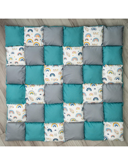 Cort de joaca Teepee, gri cu turcoaz si curcubeu