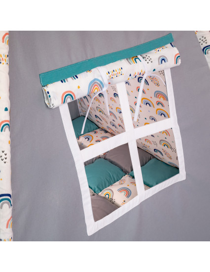 Cort de joaca Teepee, gri cu turcoaz si curcubeu