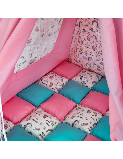 Cort de joaca Teepee, roz cu turcoaz si unicorni colorati