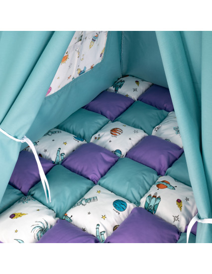 Cort de joaca Teepee, turcoaz cu mov si planete