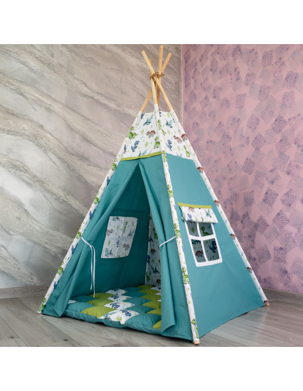 Cort de joaca Teepee, verde cu turcoaz si dinozauri