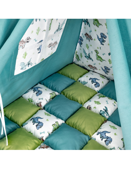 Cort de joaca Teepee, verde cu turcoaz si dinozauri